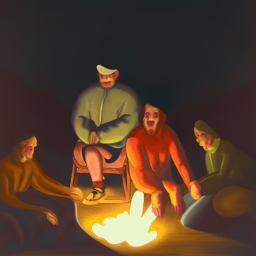 An Oil Painting of People around a Campfire