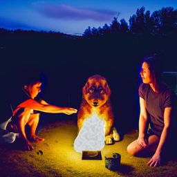 Hybrid image of a dog and people around a campfire