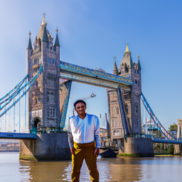 Man in front of London Bridge at noise level 1