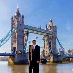 Man in front of London Bridge at noise level 5