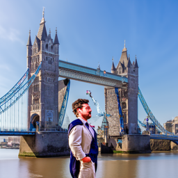 Man in front of London Bridge at noise level 10