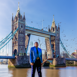 Man in front of London Bridge at noise level 20